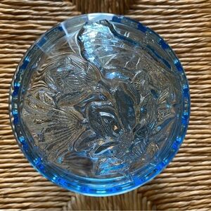 KIG Indonesia Embossed Floral Blue Glass Lidded Candy Jar Vintage 1980s
